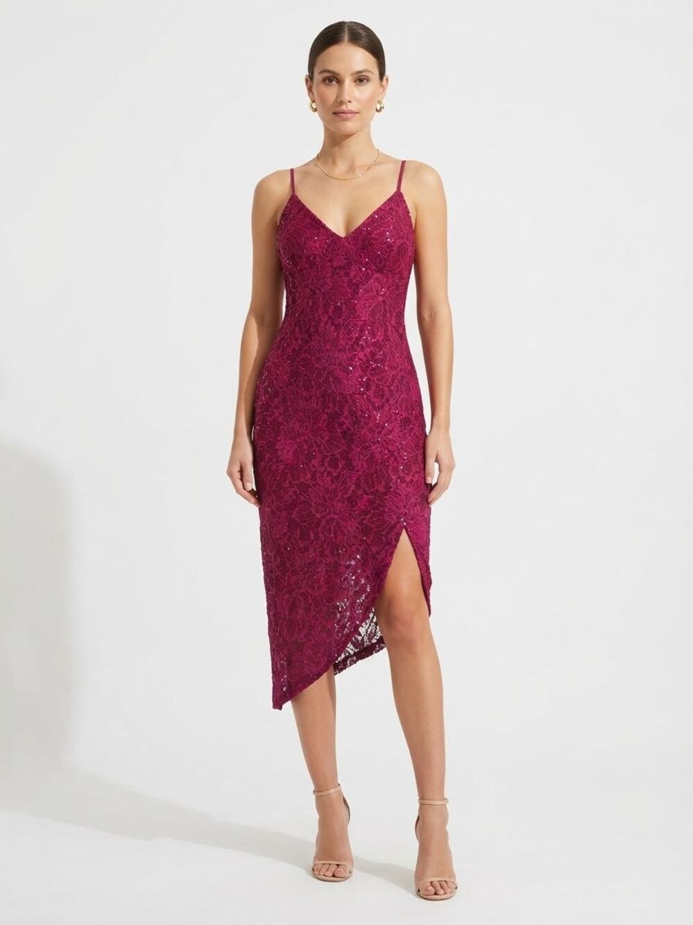 Guess Sequin Lace Midi Dress Women XS Berry Magenta Cocktail Party NWT Slit